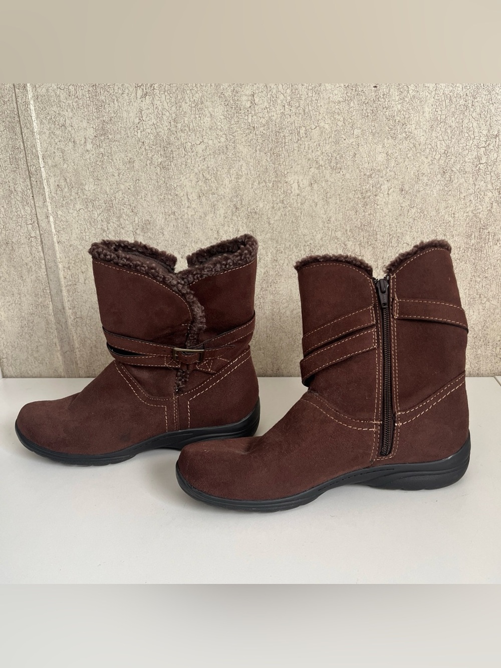Earth Spirit Boots Brown Suede Calf Side Zip Buckle Faux Fur Women’s Size 8